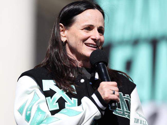 NEW YORK, NEW YORK - OCTOBER 24: Head coach Sandy Brondello of the New York Liberty speaks during the Championship ticker tape parade and victory rally celebrating winning the 2024 WNBA Finals on October 24, 2024 in New York City. NOTE TO USER: User expressly acknowledges and agrees that, by downloading and/or using this photograph, user is consenting to the terms and conditions of the Getty Images License Agreement.   Elsa/Getty Images/AFP (Photo by ELSA / GETTY IMAGES NORTH AMERICA / Getty Images via AFP)