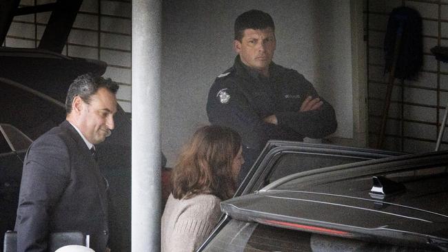 Erin Patterson is escorted into Wonthaggi police station after her arrest. Picture: David Caird