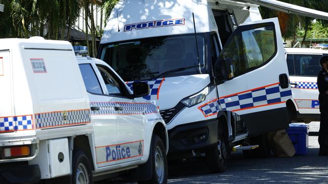 Queensland Police officers guard a crime scene at Love Street, Mareeba, where a man armed with a knife was shot dead by police after a tense, hours long stand off on Saturday afternoon. Picture: Brendan Radke