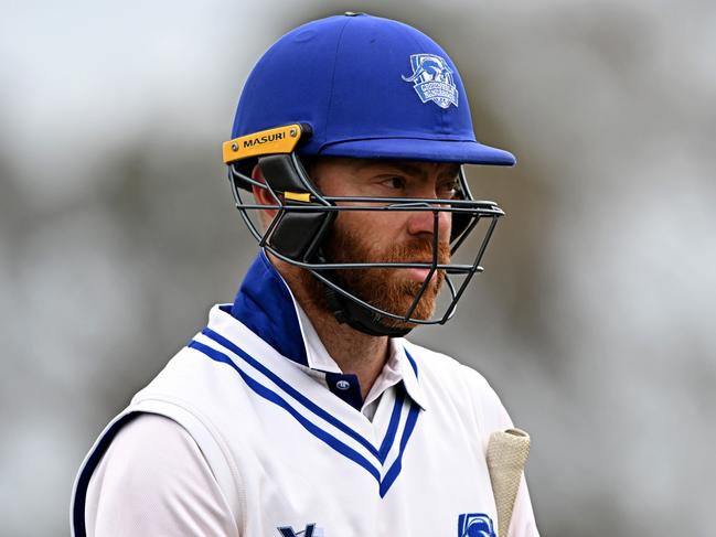 Greenvale KangaroosÃ captain Justin Galeotti is caught out for a golden duck during the Premier Cricket match between Greenvale Kangaroos and Casey-South Melbourne at Greenvale Reserve in Greenvale, Saturday, Oct. 14, 2023. Picture: Andy Brownbill