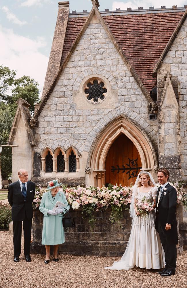 Princess Beatrice and Edoardo Mapelli Mozzi outside The Royal Chapel of All Saints at Royal Lodge, Windsor after their wedding with Queen Elizabeth II and Prince Philip, Duke of Edinburgh on July 17, 2020 in Windsor, England. (Picture: Benjamin Wheeler/WPA Pool/Getty Images