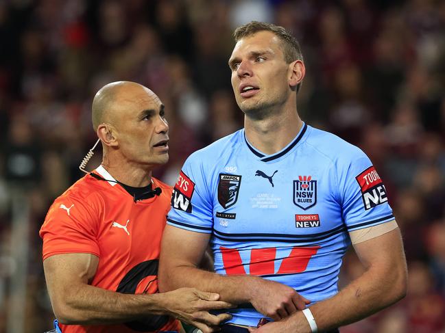 Tom Trbojevic injured during Game 2 of the State of Origin 2023, Queensland V NSW at Suncorp Stadium in Brisbane. Pics Adam Head