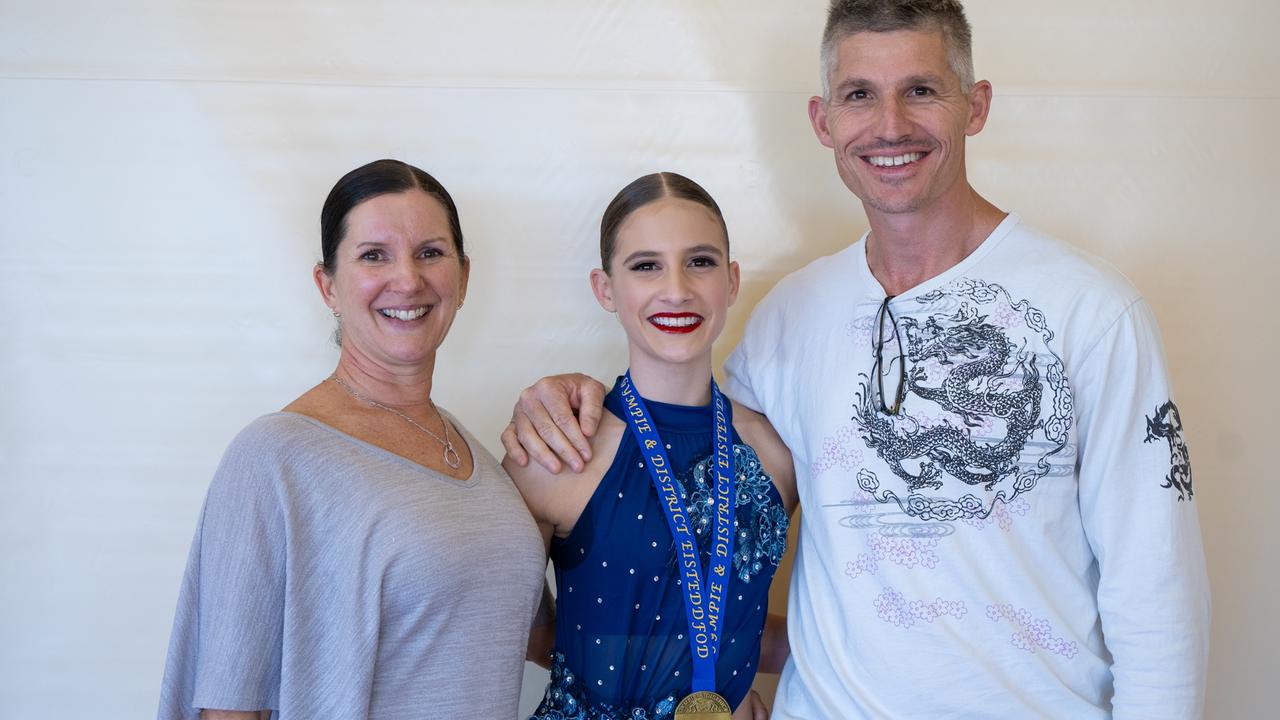 Isabella Slavin, with her parents Cindy and Ryan after she placed first in the lyrical slow modern (13-14 years) on the third day of the Gympie Eisteddfod. Picture: Christine Schindler