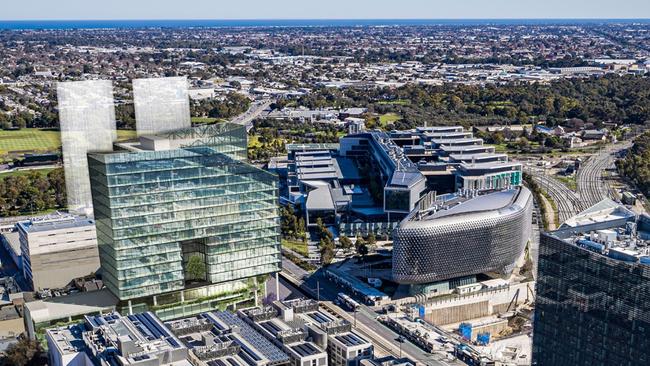 An artist impression of the proposed tower, the green building opposite SAHMRI on North Tce.