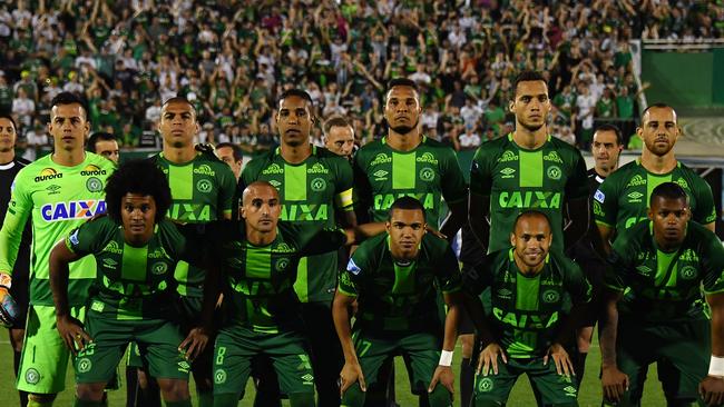 Brazil's Chapecoense players pose for pictures during their 2016 Copa Sudamericana semifinal.