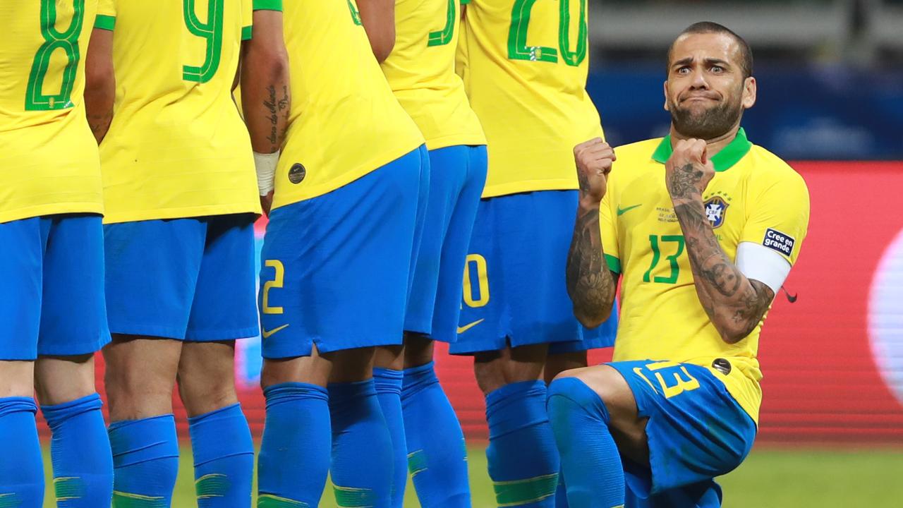 Dani Alves has given us many memorable moments, like his 2019 Copa America Semi Final match against Argentina when he prayed Messi wouldn’t score. (Photo by Bruna Prado/Getty Images)
