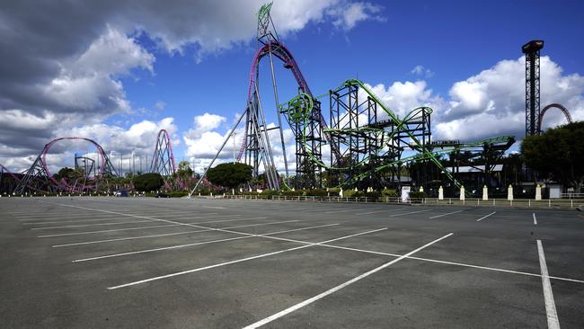 The empty car park of Warner Brothers Movie World on the Gold Coast. Picture: AAP