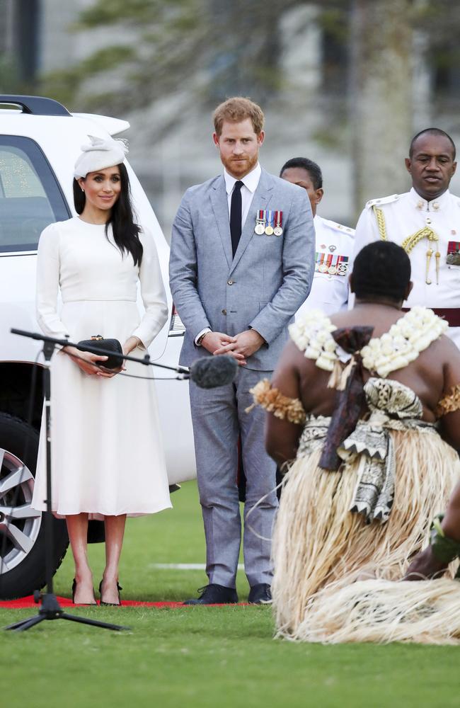 Harry and Meghan arrive at the welcome ceremony. Picture: Chris Jackson