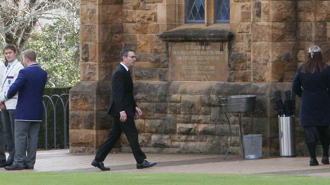 Former premier Steven Marshall arrives at the funeral service for Sir James Hardy. SA. Picture: NCA NewsWire / Emma Brasier