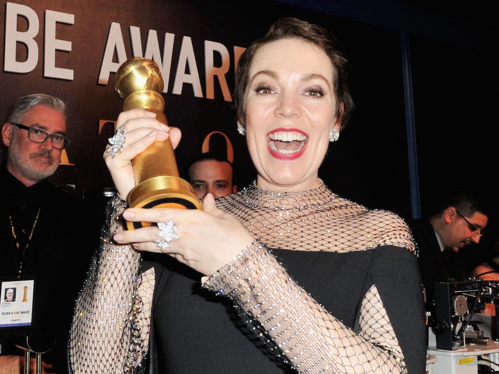 British star Olivia Colman, winner for <span id="U643692675557bDE" style="font-weight:normal;font-style:italic;">The Favourite</span>, at the official after-party. Picture: Getty 