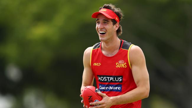 GOLD COAST, AUSTRALIA - NOVEMBER 04: Ben King handballs during a Gold Coast Suns AFL media and training session at Metricon Stadium on November 04, 2019 in Gold Coast, Australia. (Photo by Chris Hyde/Getty Images)