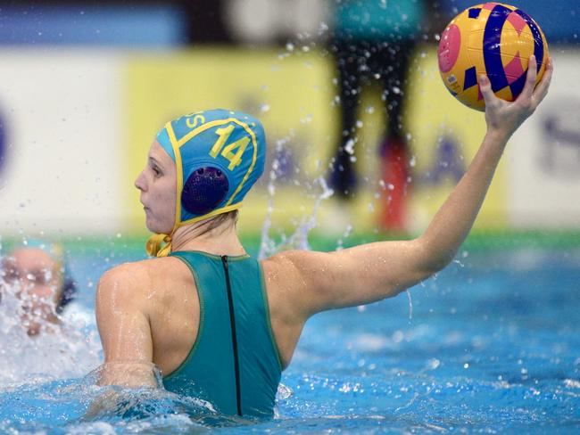 Emma Putt competes during the Water Polo World Cup match against the Netherlands for the Aussie Stingers in Greece. Picture: Supplied