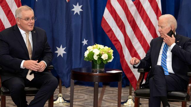 Prime Minister Scott Morrison meets with US President Joe Biden on the sidelines of the 76th UN General Assembly on September 21 in New York. Picture: AFP