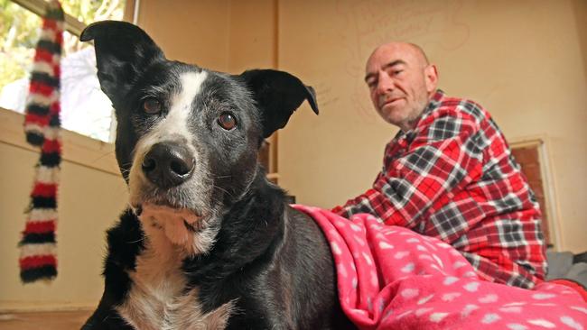 Homeless man Brett Nichols and his dog Molly are no longer homeless after they received government housing and $5000 from donations to get off the street. Picture: Tom Huntley