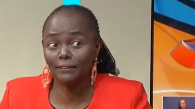 Screengrabs from a video posted on Twitter by @MsRebeccaRobins of Liberal senator Lucy Gichuhi on Kenyan TV. "#auspol   @kimbakit Hey Kim want to ask are you happy with 200K a year ? seem one of the Liberal senators is not happy says it's not enough from live Kenyan TV"