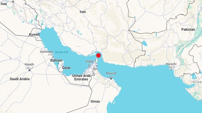 Strait of Hormuz – marked in red – is where 20 per cent of global production of oil passes each day. Picture: Google Maps