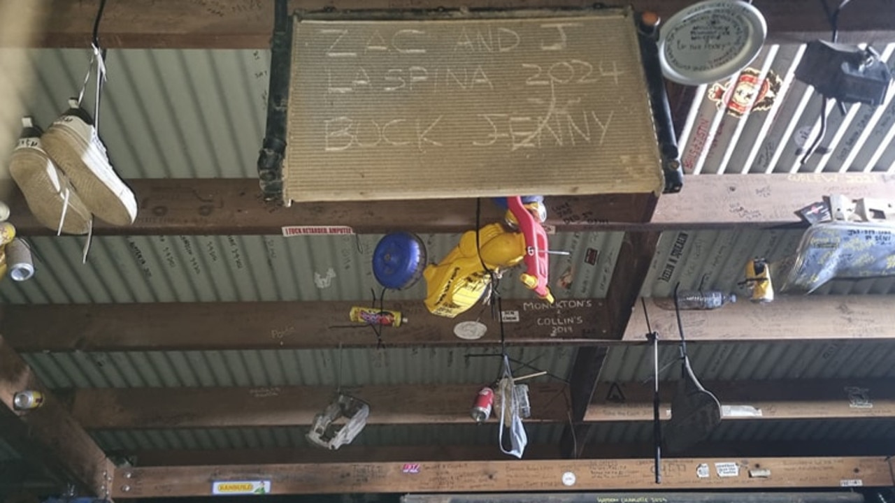 A radiator and kids trike strapped to the roof of the Cockatoo Creek shelter. Picture: No Limits