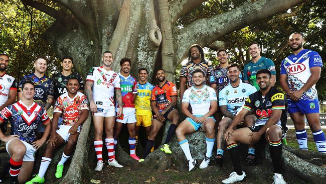 In 2017, players from every NRL club will wear an Indigenous inspired jersey during Indigenous Round, for the first time in the history of the Round. Players wear their jerseys at Rugby League Central, Sydney. Picture: Brett Costello