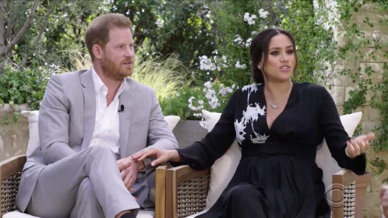 Harry and Meghan during their tell-all interview with Oprah Winfrey. Picture: CBS