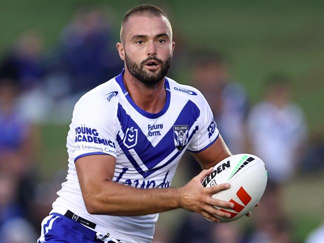 SYDNEY, AUSTRALIA - FEBRUARY 15: Jaeman Salmon of the Bulldogs runs the ball during the NRL Pre-season challenge match between Canterbury Bulldogs and Melbourne Storm at Belmore Sports Ground on February 15, 2024 in Sydney, Australia. (Photo by Brendon Thorne/Getty Images)