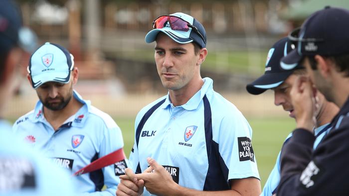 SYDNEY, AUSTRALIA - FEBRUARY 15: Pat Cummins of the Blues speaks to his teammates prior to the Marsh One Day Cup match between New South Wales and Victoria at North Sydney Oval on February 15, 2021 in Sydney, Australia. (Photo by Jason McCawley/Getty Images)