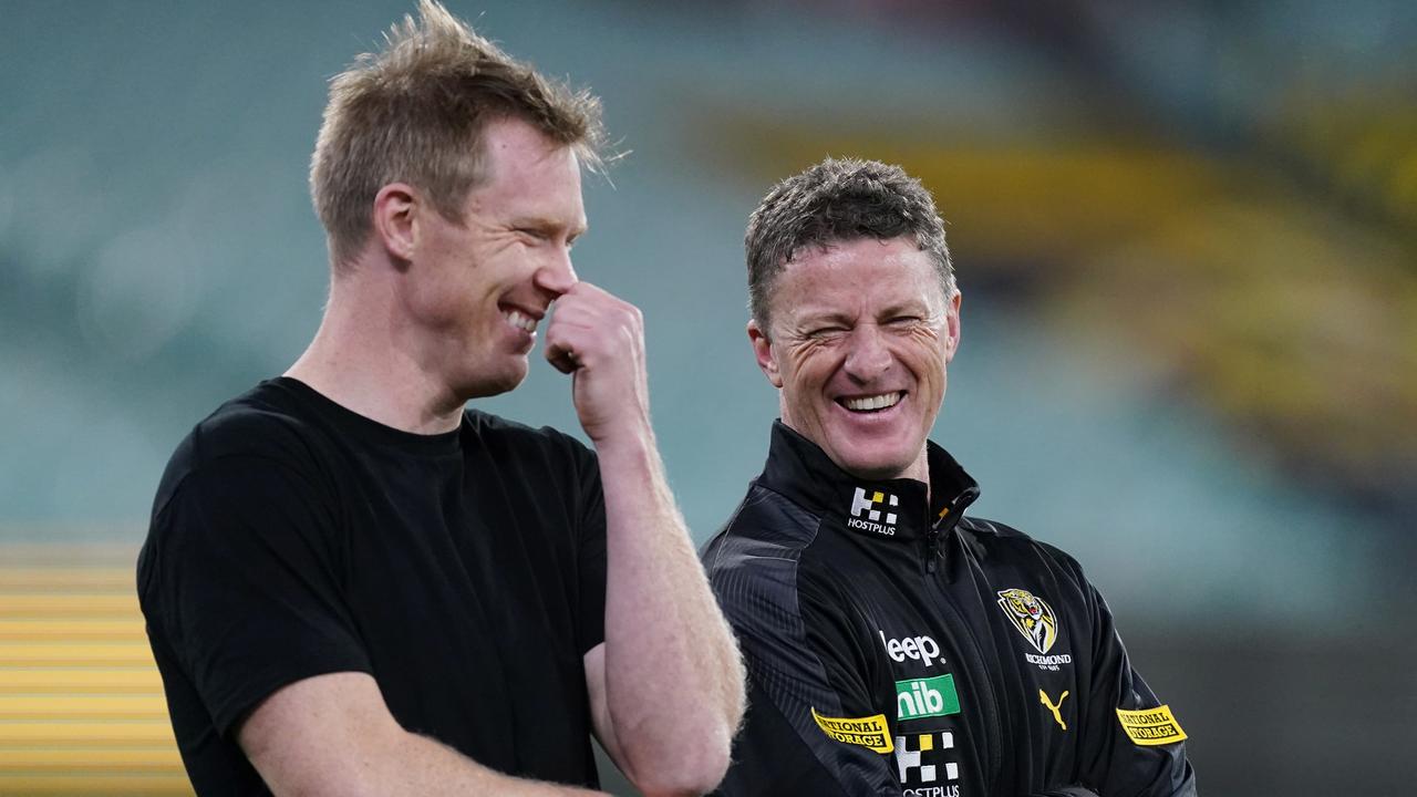 Jack Riewoldt and Damien Hardwick share a laugh.