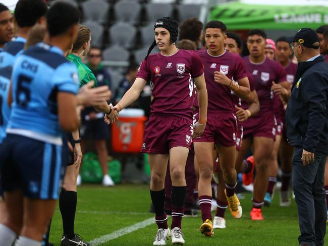 Action from the Australian state schools national rugby league championship match between Queensland Maroon and NSW CHS. Picture: Tertius Pickard