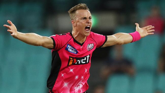 Sixers' Tom Curran makes an lbw appeal during BBL match between the Sydney Sixers and Adelaide Strikers at the SCG. Picture. Phil Hillyard