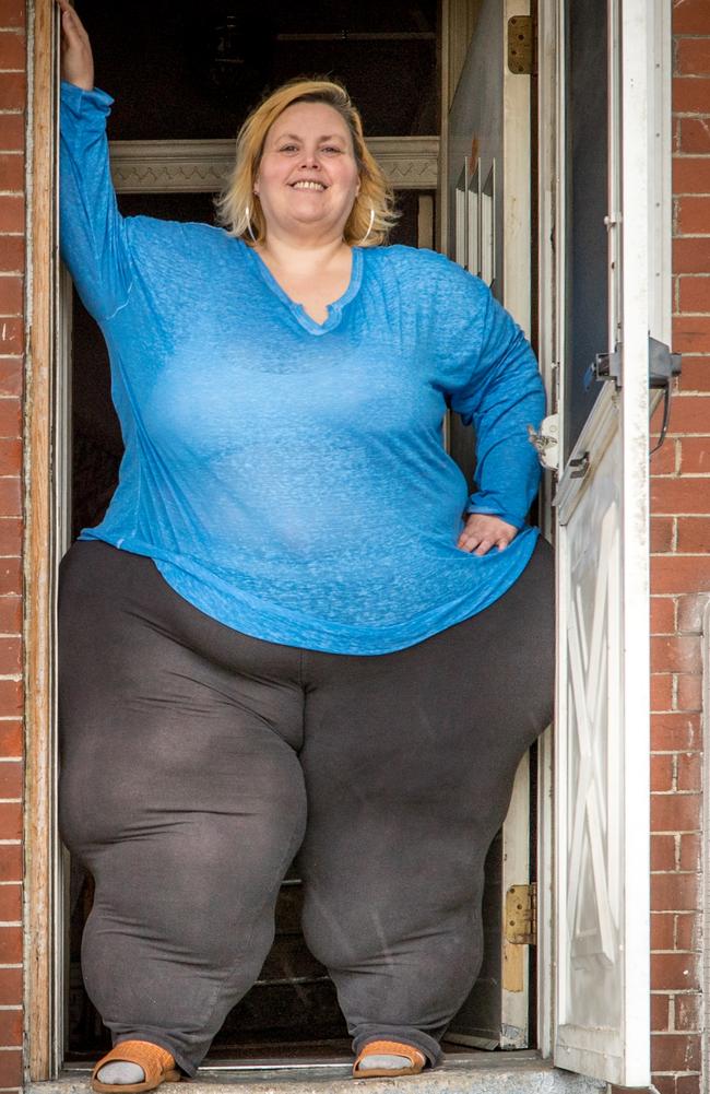 Bobbi-Jo Westley squeezes into the doorway at her home on May 6, 2017, in Y...