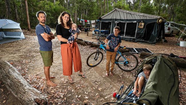 Andrew Haskell and Angela Wellman with Ayla Haskell, four months, Calum Price, 11, and Tate Price, 8, at their Margaret River campsite. Picture: Colin Murty