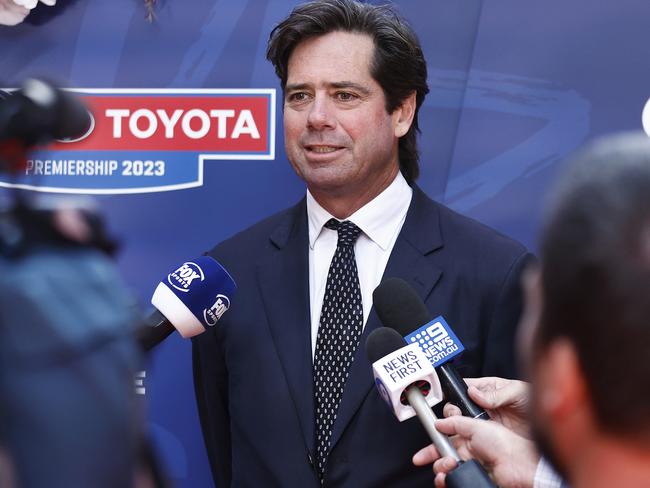 MELBOURNE, AUSTRALIA - MARCH 09: AFL CEO Gillon McLachlan speaks to media during the 2023 Toyota AFL Premiership Season Launch at Malthouse Theatre on March 09, 2023 in Melbourne, Australia. (Photo by Daniel Pockett/AFL Photos/Getty Images)