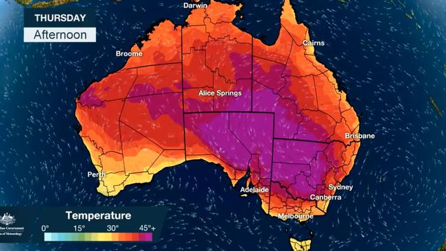 Australia’s summer scorcher of a heatwave is set to reach its peak. Picture: Bureau of Meteorology