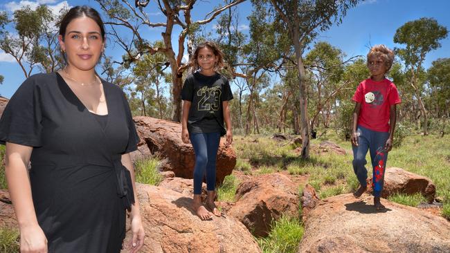 Ernabella Anangu School teacher Chiara Cocchiarella with students, Lamika Lennon, 7, and Albert Baker, 7. Picture: Dean Martin