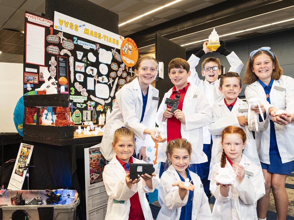 Vale View State School team (back, from left) Charlotte Coote, Fletcher Hayward, Luke Pinwill, Corran Marchant, Elouise Marchant and (front, from left) Sophia Scheid, Adelyn Wolrige and Evelyn Stannard won the Queensland Kids in Space Showcase 2024 peer prize, Friday, June 7, 2024. Picture: Kevin Farmer