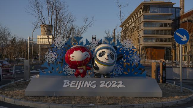 A Beijing 2022 Winter Olympics sculpture at the gate of Shougang Park, where some competitions will be held. Picture: Getty Images