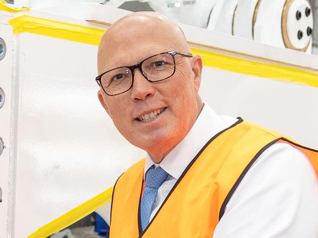 , NCA 2025 Federal Election Liberal Bus 31/03/2025, Newcastle Australia, Leader of the Australian Liberal party Peter Dutton visits the Cougar Mining Equipment factory in Newcastle of the Patterson electorate on the campaign trail for the 2025 federal election. Picture Thomas Lisson/NewsWire