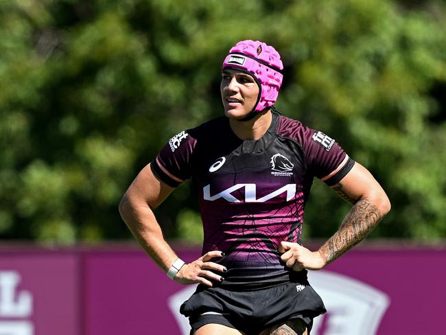 BRISBANE, AUSTRALIA - APRIL 08: Reece Walsh is seen during a Brisbane Broncos NRL training session at Clive Berghofer Field on April 08, 2024 in Brisbane, Australia. (Photo by Bradley Kanaris/Getty Images)