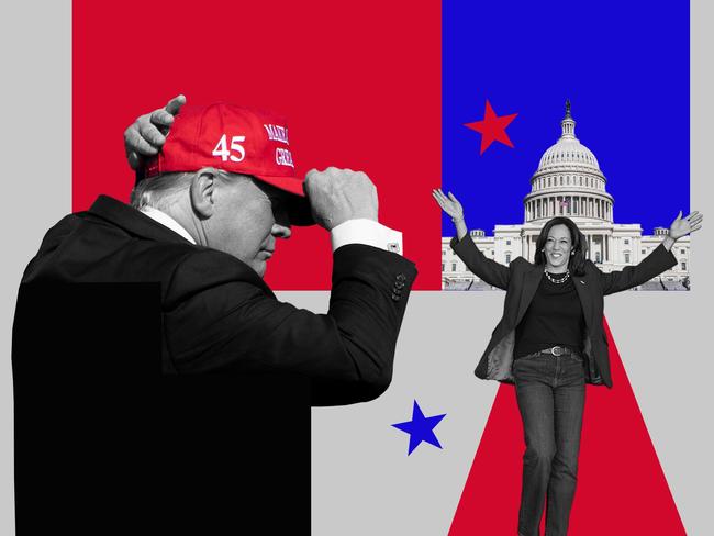 1 November 2024; A photo comp collage of Donald Trump and Kamala Harris with the US Washington DC Congress building behind them. Sources: AP Photo, iStock. Collage by Emilia Tortorella. Ratio 4:3.