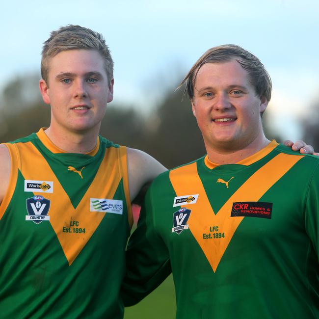 Leongatha’s goalkicking duo Jenson Garnham, left, and Jack Ginnane. Picture: Yuri Kouzmin