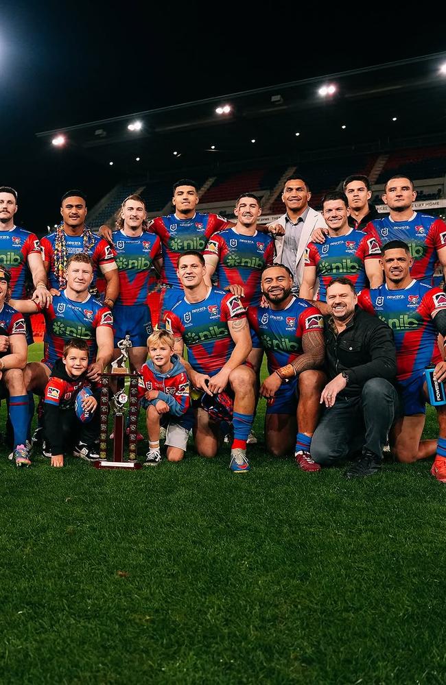 Kalyn Ponga with the Mal Reilly Trophy after beating Manly. Picture: Knights Instagram