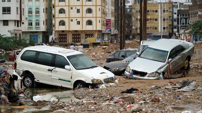 Cars stuck in muddy water following a flood in Mukalla, Yemen on October 7 caused by Cyclone Shaheen. Picture: AFP