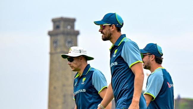 Australia's Travis Head, Mitchell Starc and Scott Boland attend a practice session at the Galle International Cricket Stadium in Sri Lanka.