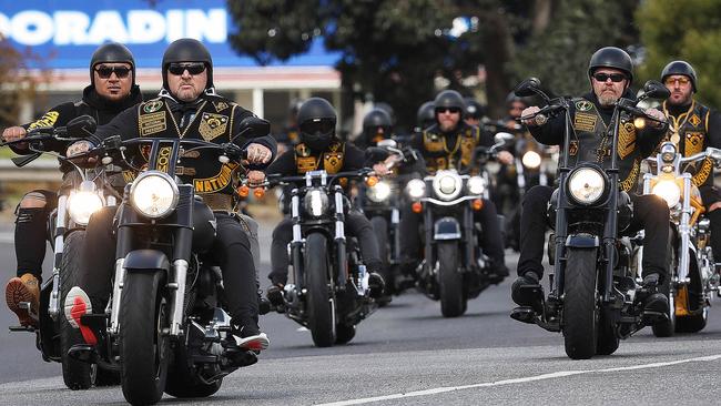 Comanchero national president Mick Murray leads an organised run. Picture: Ian Currie