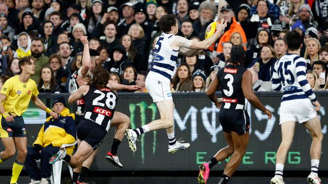 Jeremy Cameron appeared to take a mark over the boundary line in Geelong’s clash with Collingwood. Picture: Getty Images