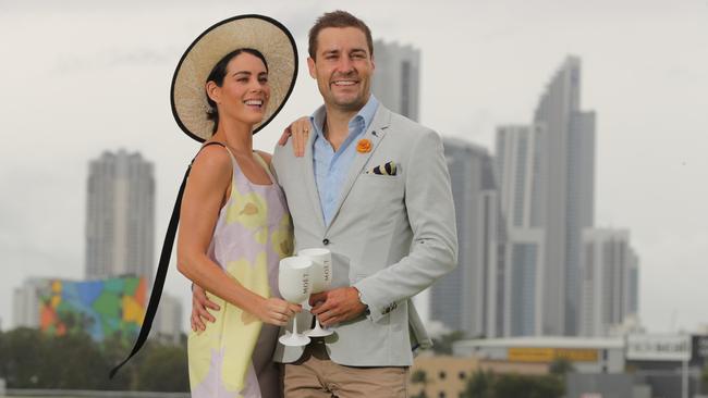 Stylist Clare Anstey and radio host Dan Anstey ready for race day at the Gold Coast Turf Club. Picture: Glenn Hampson