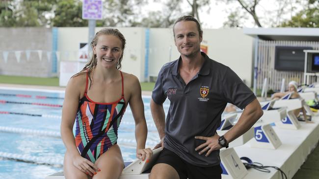 ******SUNDAY MAIL USE ONLY******* Swim star Ariarne Titmus with her coach Dean Boxall at St Peters Indooroopilly. Pic Mark Cranitch.