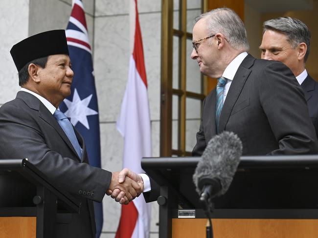 CANBERRA, Australia - NewsWire Photos - August 20, 2024: President-elect Prabowo Subianto, Prime Minister Anthony Albanese and Deputy Prime Minister and Minister for Defence, Richard Marles hold a press conference at Parliament House in Canberra. Picture: NewsWire / Martin Ollman