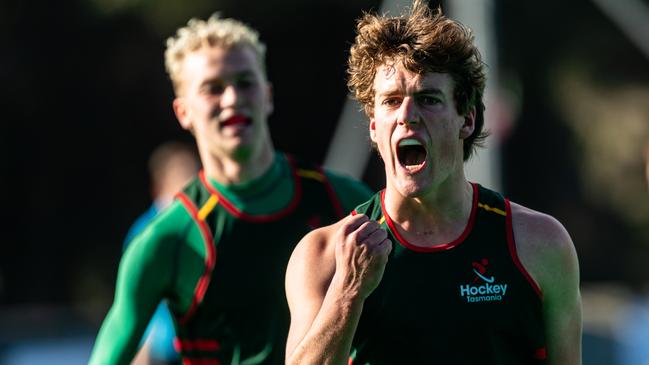 Max Johnstone celebrates a goal for Tasmania. Picture: Linda Higginson