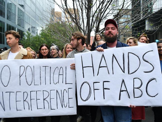 ABC staff held a protest in Sydney after it emerged Mr Milne encouraged Ms Guthrie to sack journalists at the request of Prime Minister Malcolm Turnbull. Picture: AAP/Joel Carrett