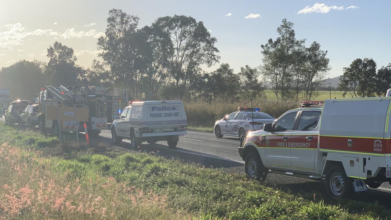 Emergency crews at the scene of the crash on the Bruce Highway at Pindi Pindi, north of Mackay. Three vehicles collided near roadworks about 2.35pm Friday, July 16. Picture: Lillian Watkins